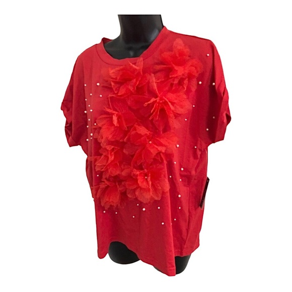 Red pearl adorned 3d floral embellished short sleeve shirt top  size XL new - Picture 3 of 12